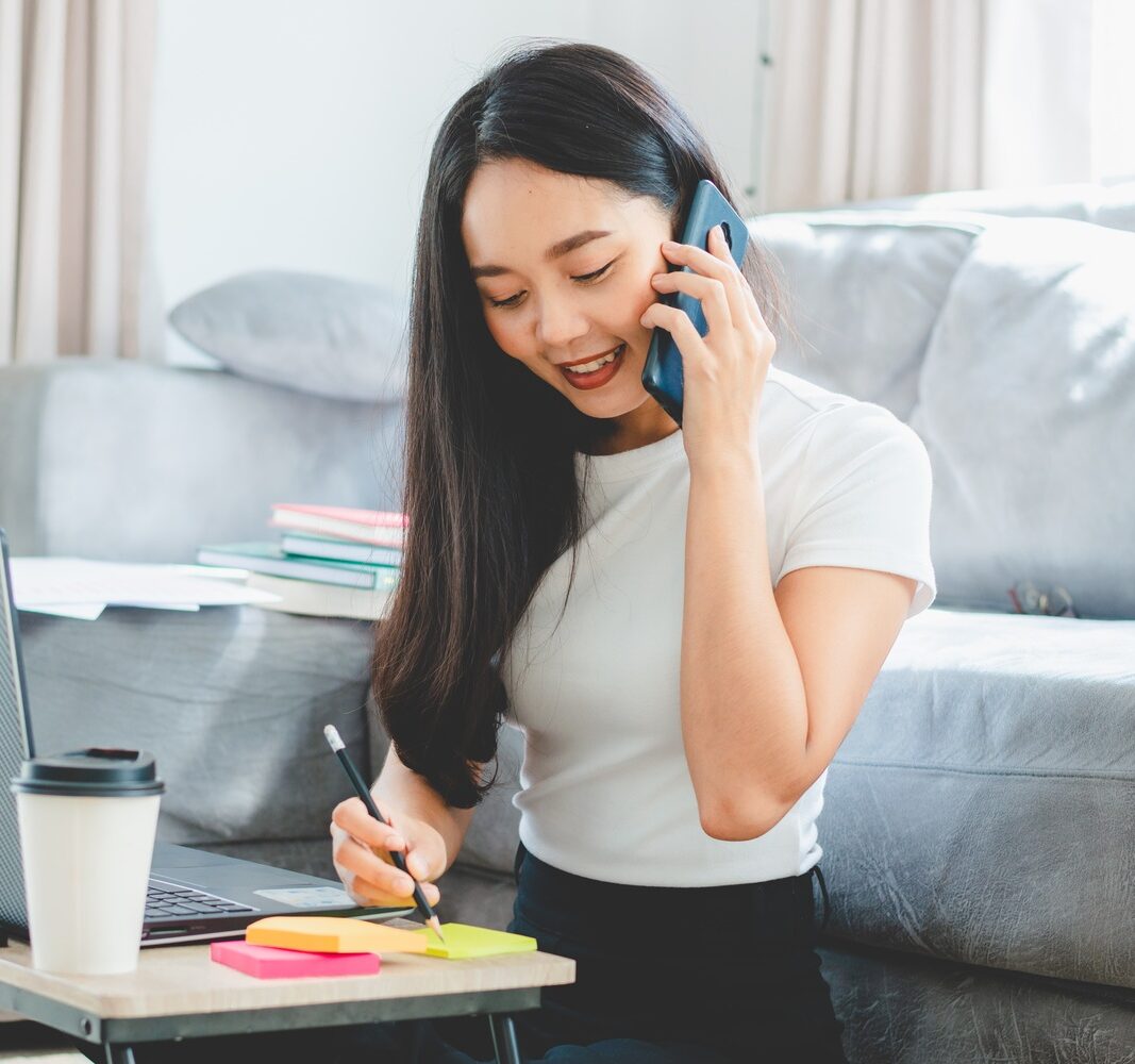 Asian operator woman work in call center from home, Team operator call center service