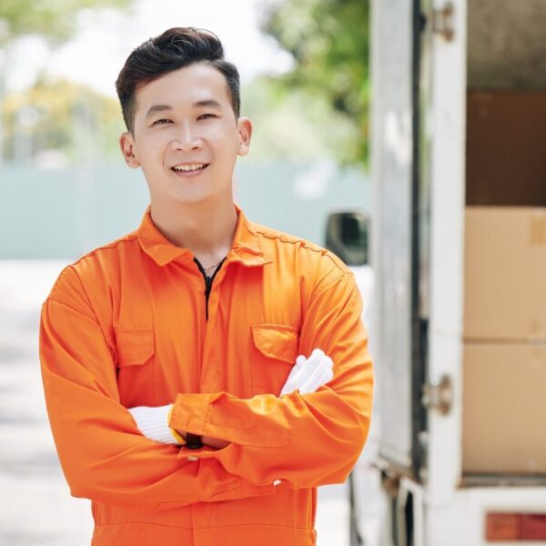 Cheerful Asian loader