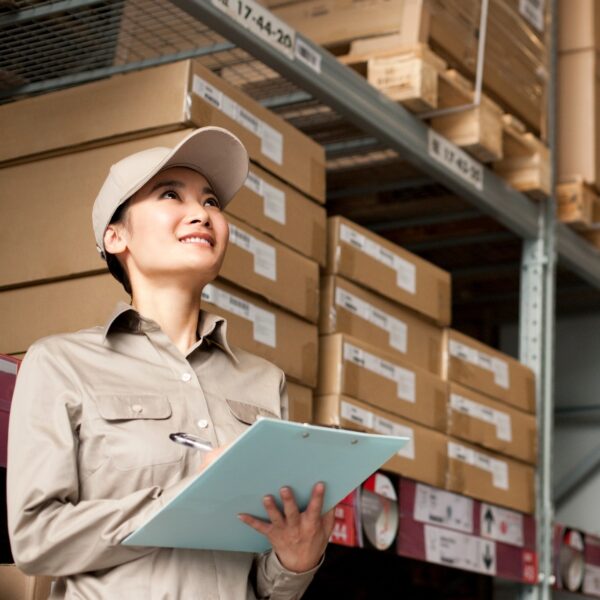 Female Chinese warehouse worker with clipboard